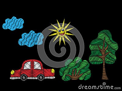 Tree and bush with red car and sun embroidery stitches imitation Vector Illustration