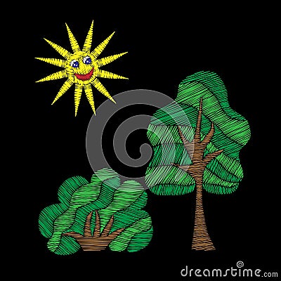 Tree and bush with sun embroidery stitches imitation Vector Illustration