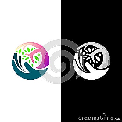 Tree care logo design nature, hand and tree logo combination Vector Illustration