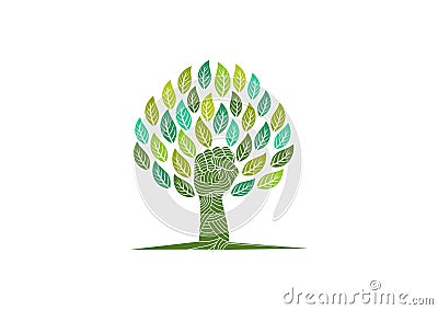 Tree care logo, revolution nature symbol, organic rebellion sign, green education and revolt healthy kids concept design Vector Illustration