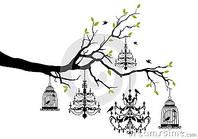 Tree with chandelier and birdcage, vector Vector Illustration