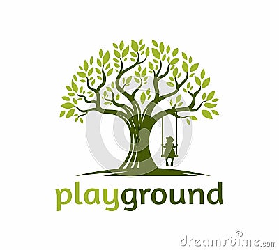 Tree with a child play the swing under the tree logo illustration Vector Illustration