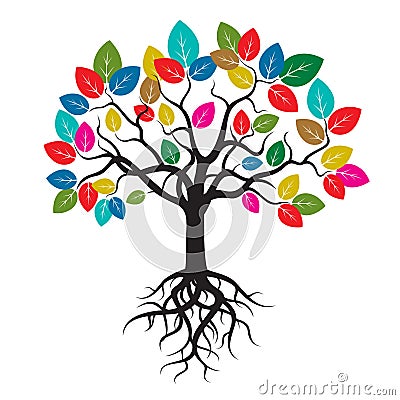 Tree with Color Leafs and Roots. Stock Photo