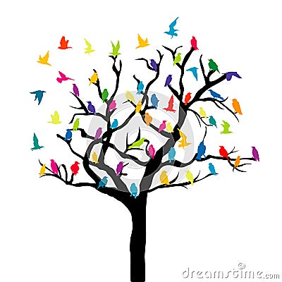 Tree with colored birds on white background Vector Illustration
