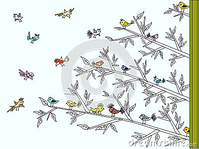 Tree with colorful cute birds Vector Illustration
