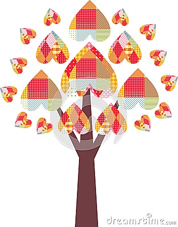 Tree with colorful patchwork hearts. Beautiful card Vector Illustration