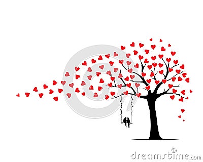 Tree with hearts and wind, vector. Love tree with birds on swing, isolated on white background. Scandinavian minimalist art design Vector Illustration