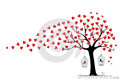 Tree wind leaves i shape of red hearts and bird cage silhouettes, vector Vector Illustration