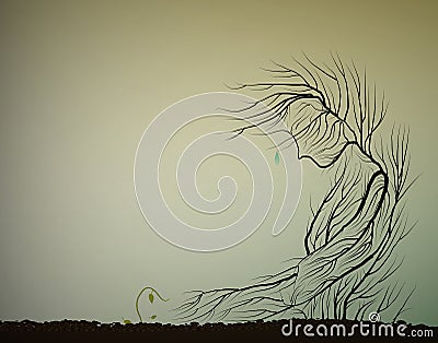 Tree cries because small sprout die, dying forest concept, save the last tree idea, Vector Illustration