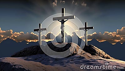 Tree crosses on the mountain in good friday Stock Photo