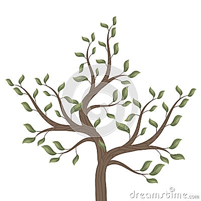 Tree with curved brown branches with green leaves on a white background isolated vector illustration. Vector Illustration