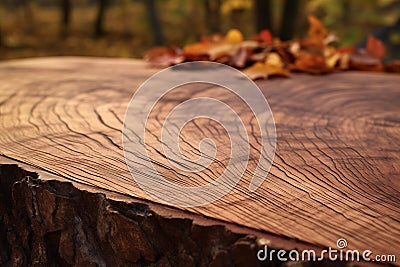 Tree cut in autumn forest. Wooden stump at nature. Generative AI Stock Photo