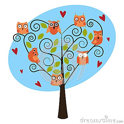 Tree with cute owls Vector Illustration
