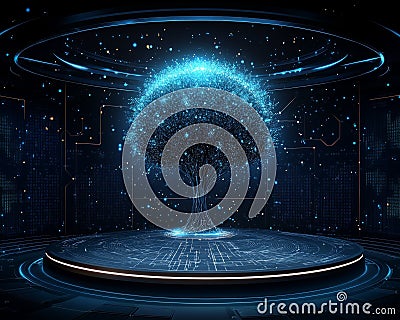 Tree data technology set against a dark blue background. Digital circuit board illustrating internet connections Stock Photo