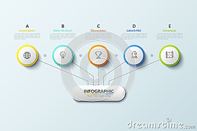 Tree diagram. Main element connected with 5 thin line icons placed inside paper white circles and lettered text boxes Vector Illustration