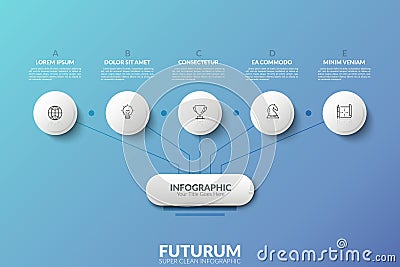 Tree diagram. Main element connected with 5 thin line icons placed inside paper white circles and lettered text boxes Vector Illustration