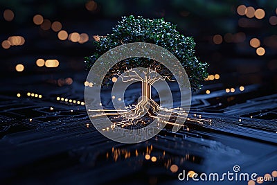Tree of digital circuits with encrypted roots, symbolizing sustainable data management and eco tech privacy, Generated AI Stock Photo