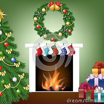 Tree, fire place, socks, gifts and garland Vector Illustration