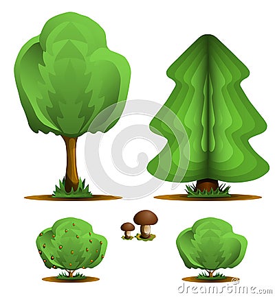 Tree, firtree, shrub, mushroom - set forest plants Vector Illustration