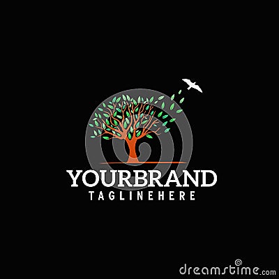 Tree with flying bird logo Vector Illustration