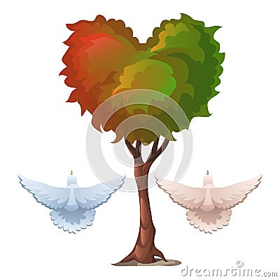 Tree with foliage in the shape of heart and doves Vector Illustration