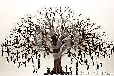 Tree formed entirely by interconnected human figures, symbolizing unity and interconnectedness. Ai generated Stock Photo
