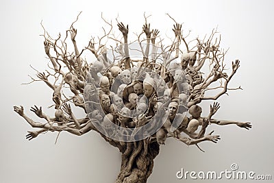 Tree formed entirely by interconnected human figures, symbolizing unity and interconnectedness. Ai generated Stock Photo