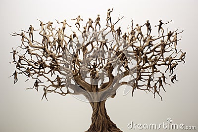Tree formed entirely by interconnected human figures, symbolizing unity and interconnectedness. Ai generated Stock Photo