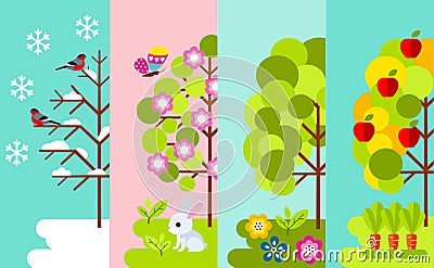 Tree in four seasons - spring, summer, autumn, winter. Vector Illustration