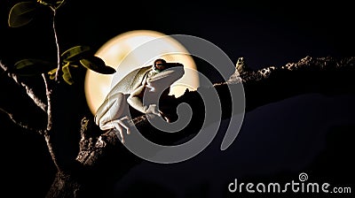 Tree frog on a branch in front of a full moon in the night Stock Photo