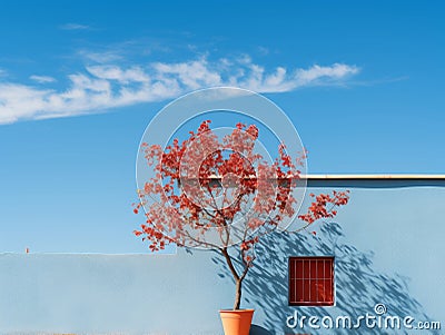 a tree in front of a blue building Stock Photo