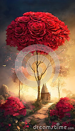 Tree full of blooming red roses, romantic abstract floral background. Generative AI Cartoon Illustration