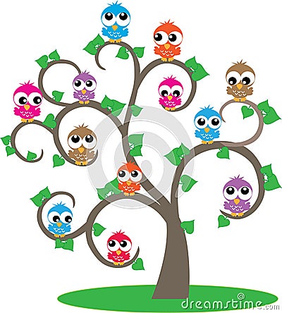 A tree full of colorful owls Stock Photo