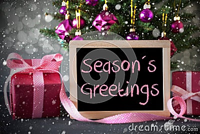 Tree With Gifts, Snowflakes, Bokeh, Text Seasons Greetings Stock Photo