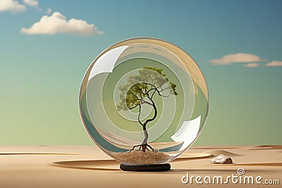 Tree in glass ball on soil crack in desert Stock Photo