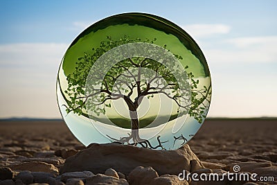 Tree in glass ball on soil crack in desert Stock Photo