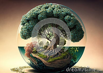 Tree in a glass bowl world environment concept. Nature ecology green, sustainability plant Generative AI Stock Photo