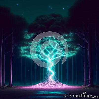 tree glows in the forest advanced technology hi-tech created by artificial intelligence Stock Photo