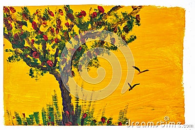 Tree and grass drawing gouache. Stock Photo