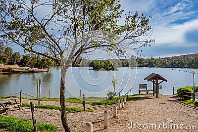 Tree and gravel pathway accessing the Tapada Grande river beach, Mina de São Domingos - Alentejo PORTUGAL Stock Photo