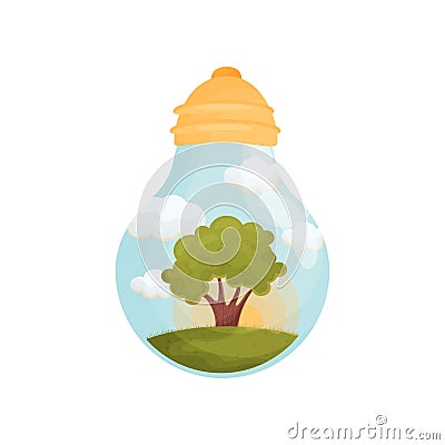 Tree on a green hill. Figure inside the light bulb. Vector illustration. Vector Illustration