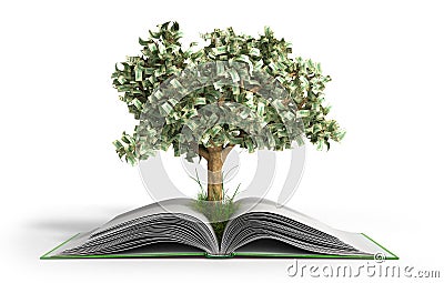 tree growing from book A big open book with coins and tree Reading makes you richer concept 3d render Stock Photo