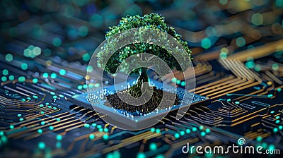 Tree growing on converging point of computer circuit board. Green Computing Technology and IT ethics Stock Photo