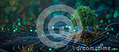 Tree growing on converging point of computer circuit board. Green Computing Technology and IT ethics Stock Photo
