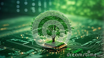 Tree growing on the converging point of computer circuit board. Green computing Stock Photo