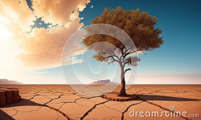 A tree growing in the desert, soil split by drought Stock Photo