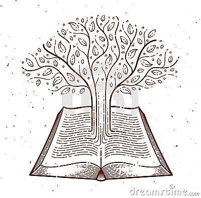 Tree growing from text lines of an open vintage book education or science knowledge concept, educational or scientific literature Vector Illustration