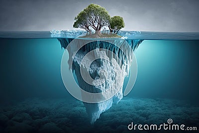 A tree grows on an iceberg in the middle of the ocean, created with Generative AI technology Stock Photo