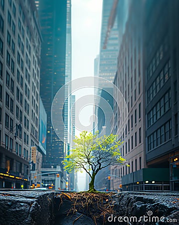 A tree grows out of a crevice in asphalt Stock Photo