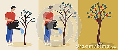 Tree growth progress, man watering or fertilizing in the garden, flat vector stock illustration as a concept of plant care, Cartoon Illustration